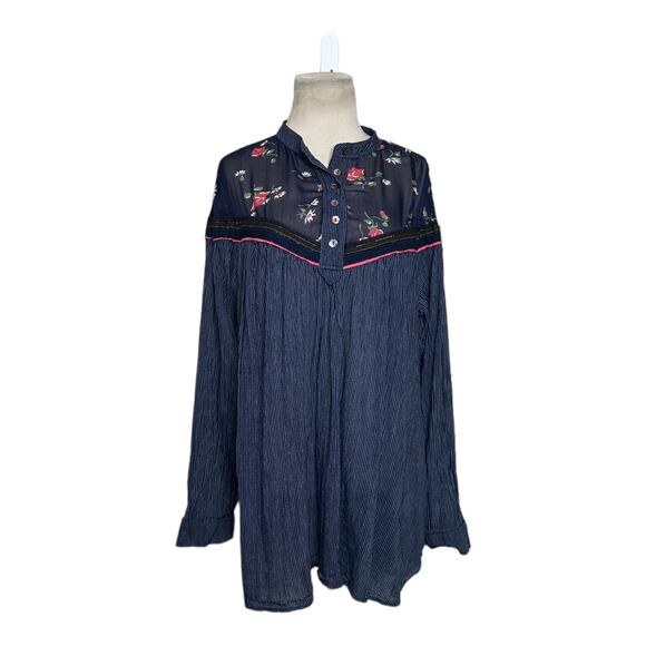 Free People Blue Hearts and Colors Long Sleeves Tunic Blouse size M - Picture 11 of 14